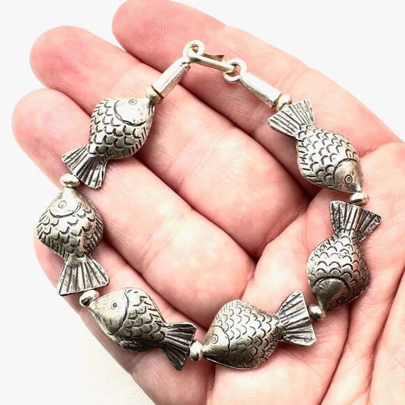 Vintage Sterling Silver Womens Bracelet 7 Inch Fish Design - Picture 3 of 4